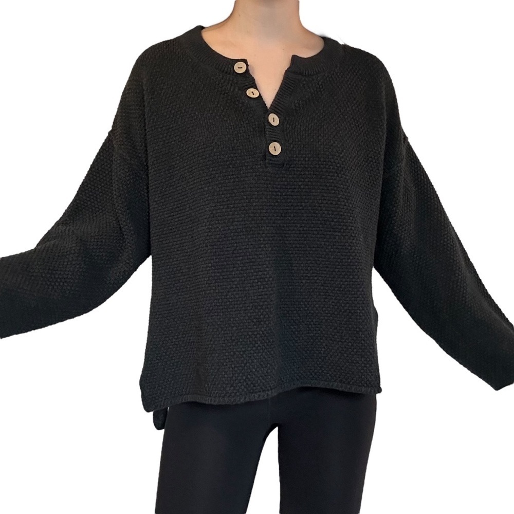 Free People Beach Oversized Knit Sweater Gray Cotton Button Up Boho Size XS